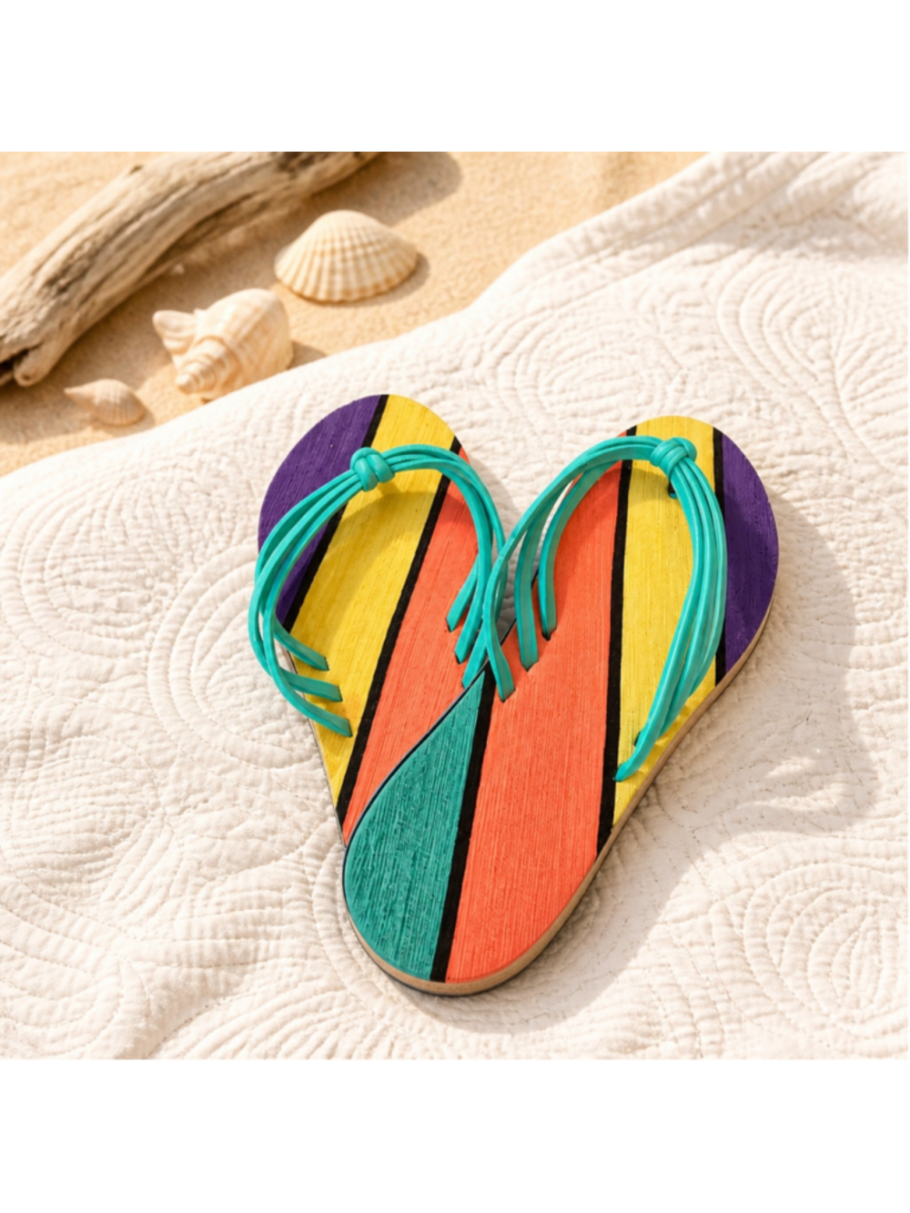 Retro Vintage Inspired Striped Flip Flop Sandals Sz 8 Orange Yellow Green Beach
